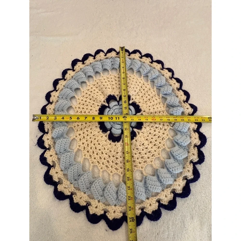 Handmade Crochet Round Rug Floral Blue Cream Scalloped 24 Inch Cottagecore Decor